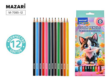 Карандаши цветные деревянные КОТИК, 12 цв., шестигранный корпус, d грифеля=2,65 мм, M-7085-12